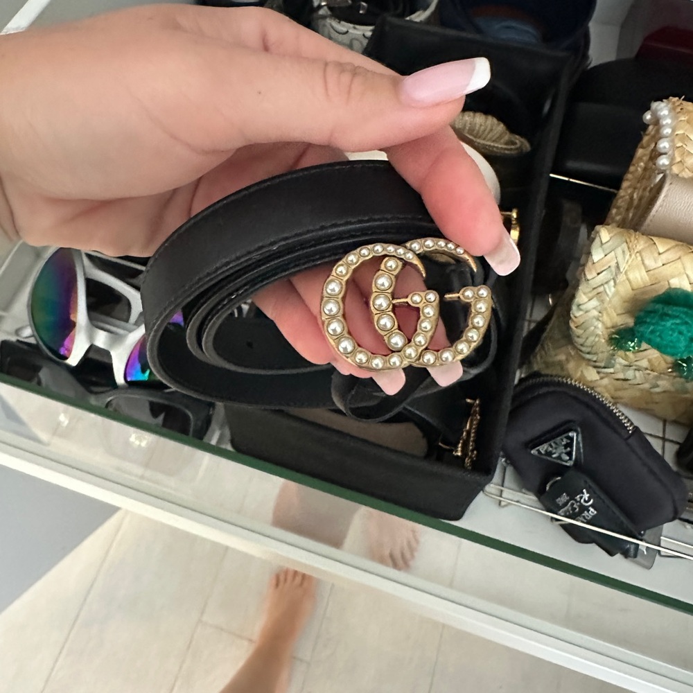 Gucci Black Belt with Pearl Accents